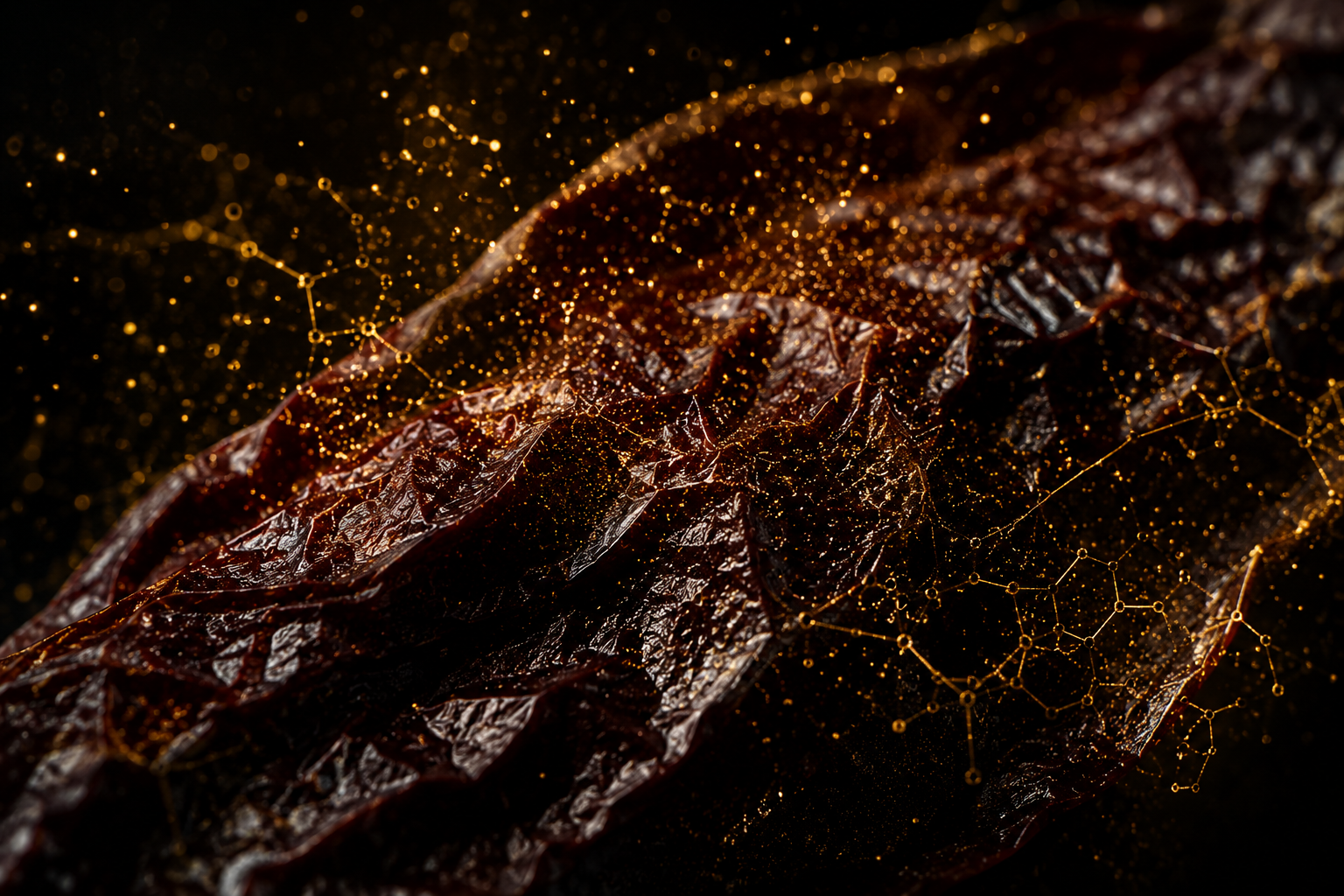 Textura macro de chile seco con representación abstracta de compuestos bioactivos