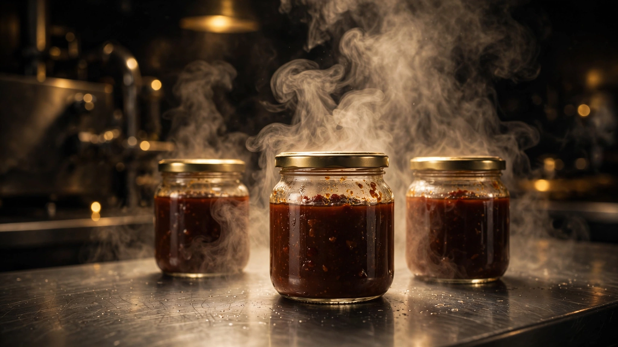 Sauce jars in the thermal packaging process, representing the combination of heat and acidity for shelf stability