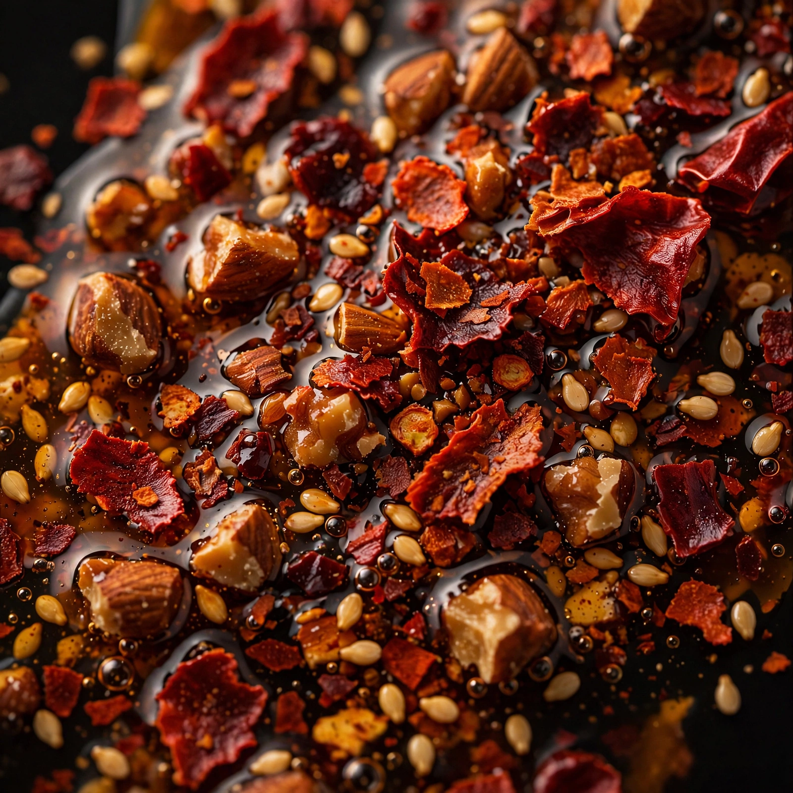 Extreme macro texture shot of toasted dried chile flakes, sesame seeds and chopped nuts suspended in glossy oil, rich amber and deep red tones against black background, editorial food photography lighting, minimalist composition, no text, no logos, no people, no third-party brands