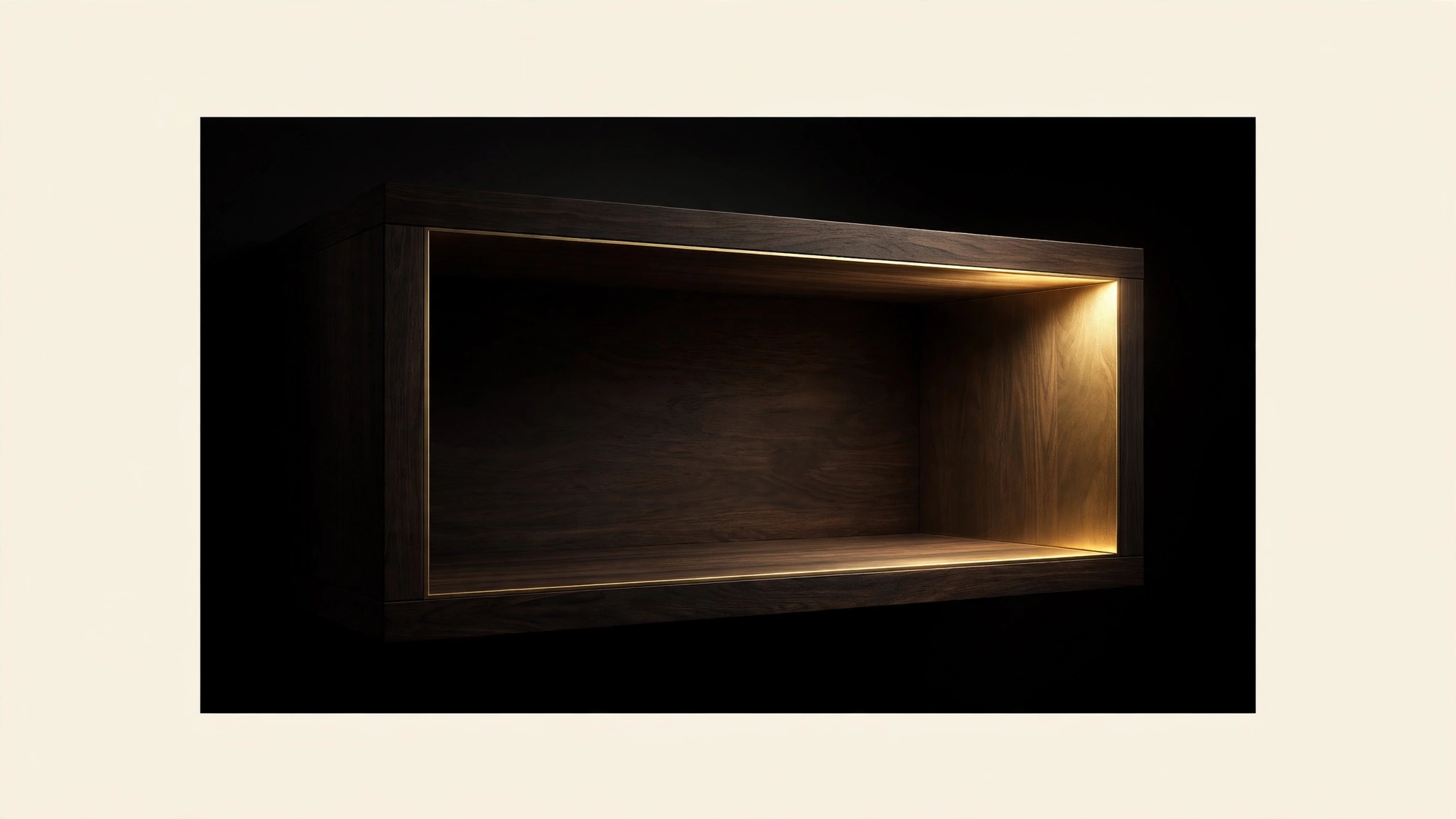 Abstract minimalist editorial illustration of a single empty dark wooden shelf slot lit dramatically against a black background with gold accent lighting, symbolizing untapped market space, cream negative space, no text, no logos, no people, no products visible, no third-party brands