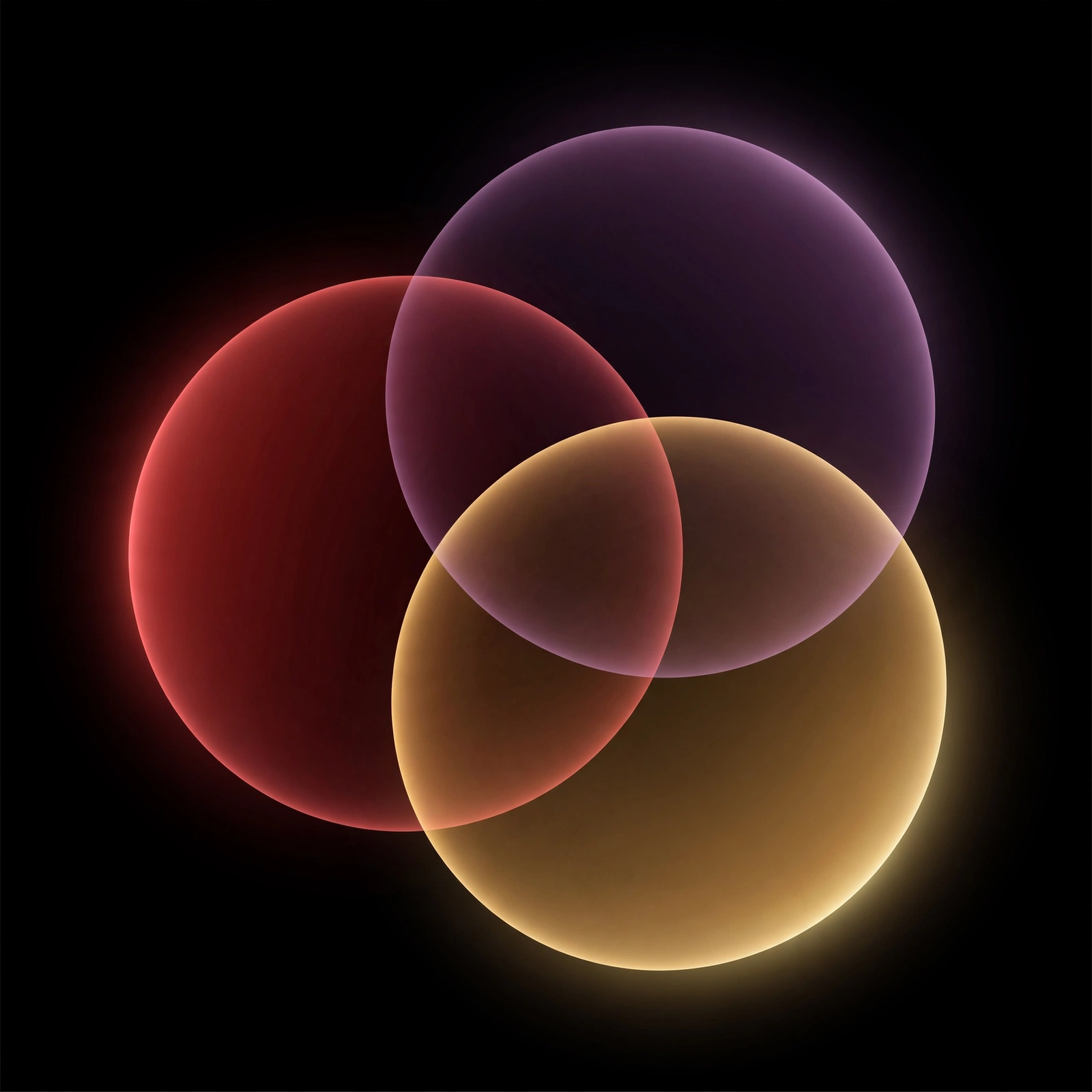 Abstract minimalist editorial illustration representing layered flavor complexity, three overlapping translucent circles in deep red, dark purple and warm gold tones against a black background, soft glow at the edges, no text, no logos, no people, no products, no third-party brands