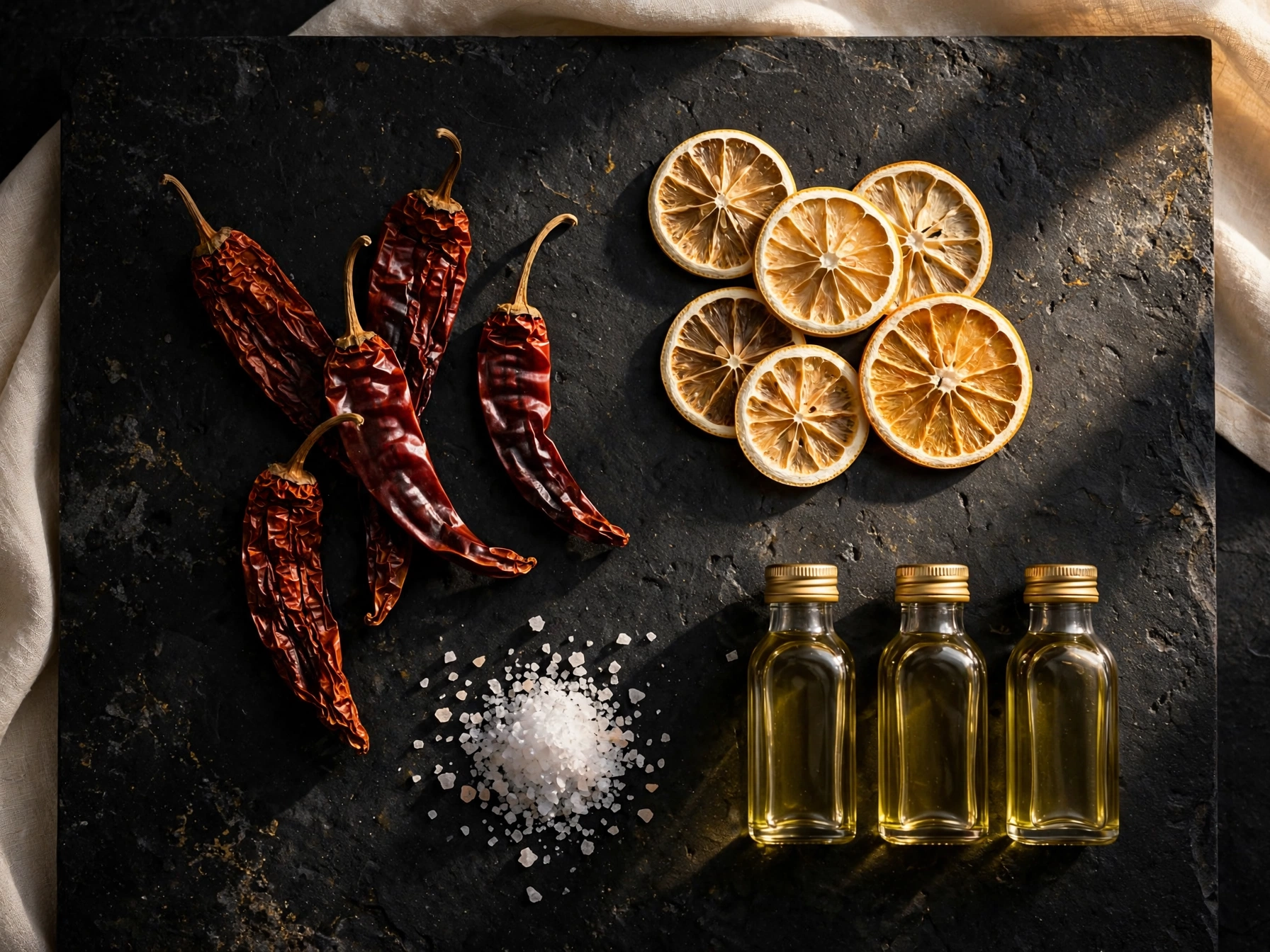 Overhead flat-lay editorial photograph of simple recognizable ingredients arranged on a dark stone surface: dried chiles, citrus slices, sea salt crystals and small glass bottles of oil, warm directional lighting, black and gold and cream color palette, no text, no logos, no people, no third-party brands